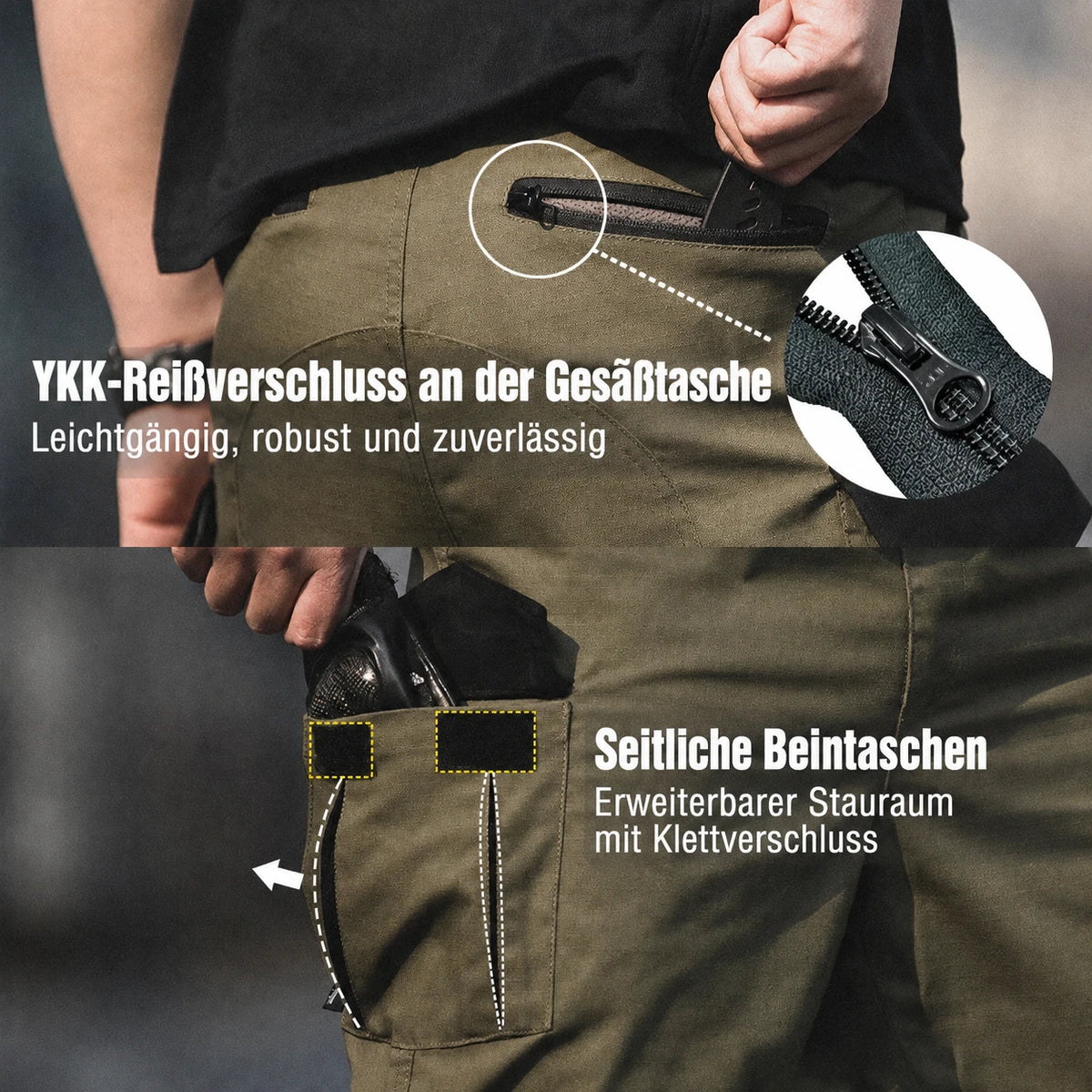 YKK-Reißverschluss und seitliche Beintaschen