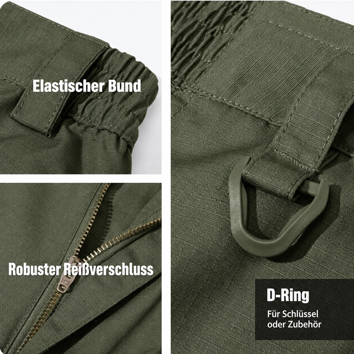 Elastischer Bund, Reißverschluss und D-Ring