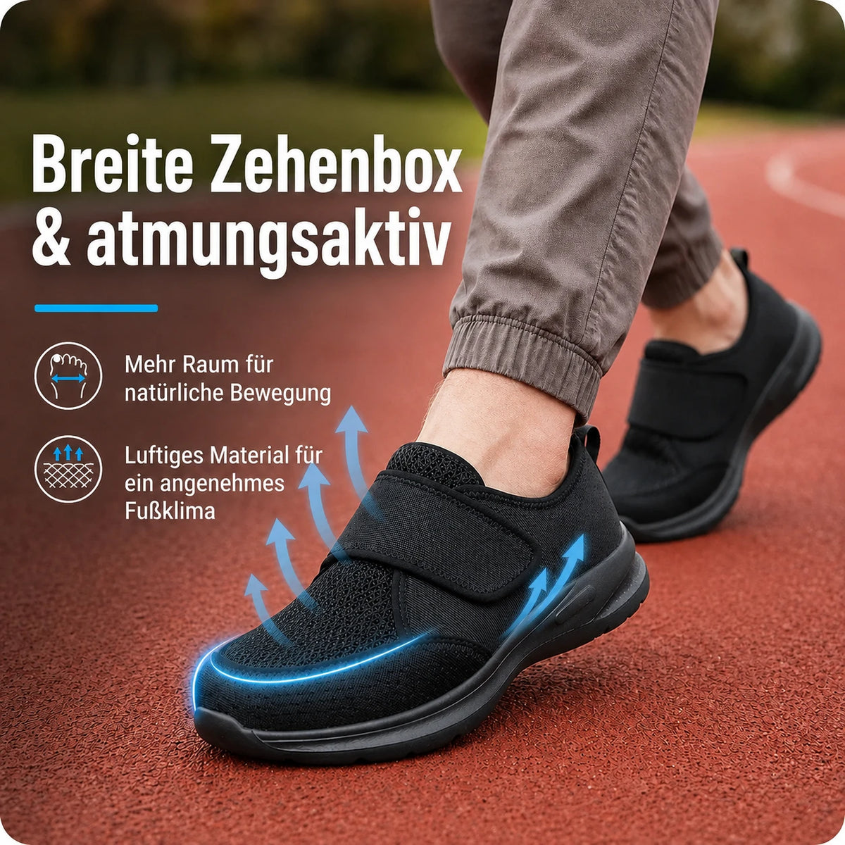 Breite Zehenbox und atmungsaktives Material